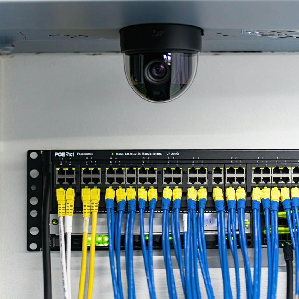 Low voltage cabling connected to a POE switch in a server room with a camera above on the ceiling