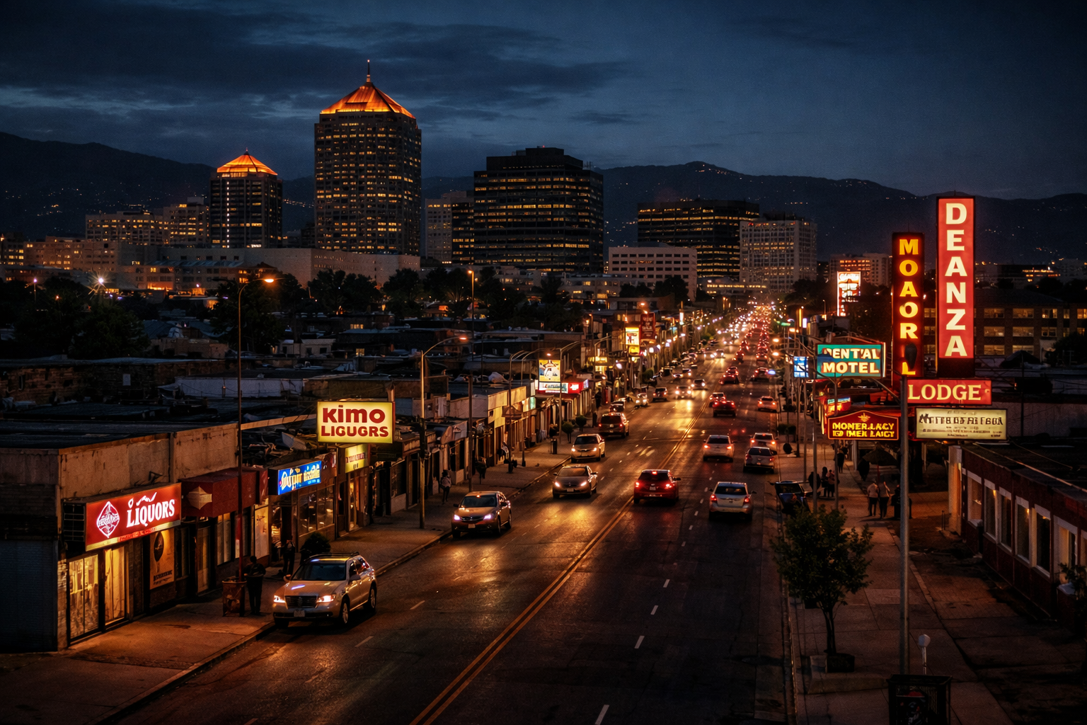 Central Avenue at twilight in Albuquerque, New Mexico, with neon signs, city traffic, and the downtown skyline illuminated against a dusky blue sky