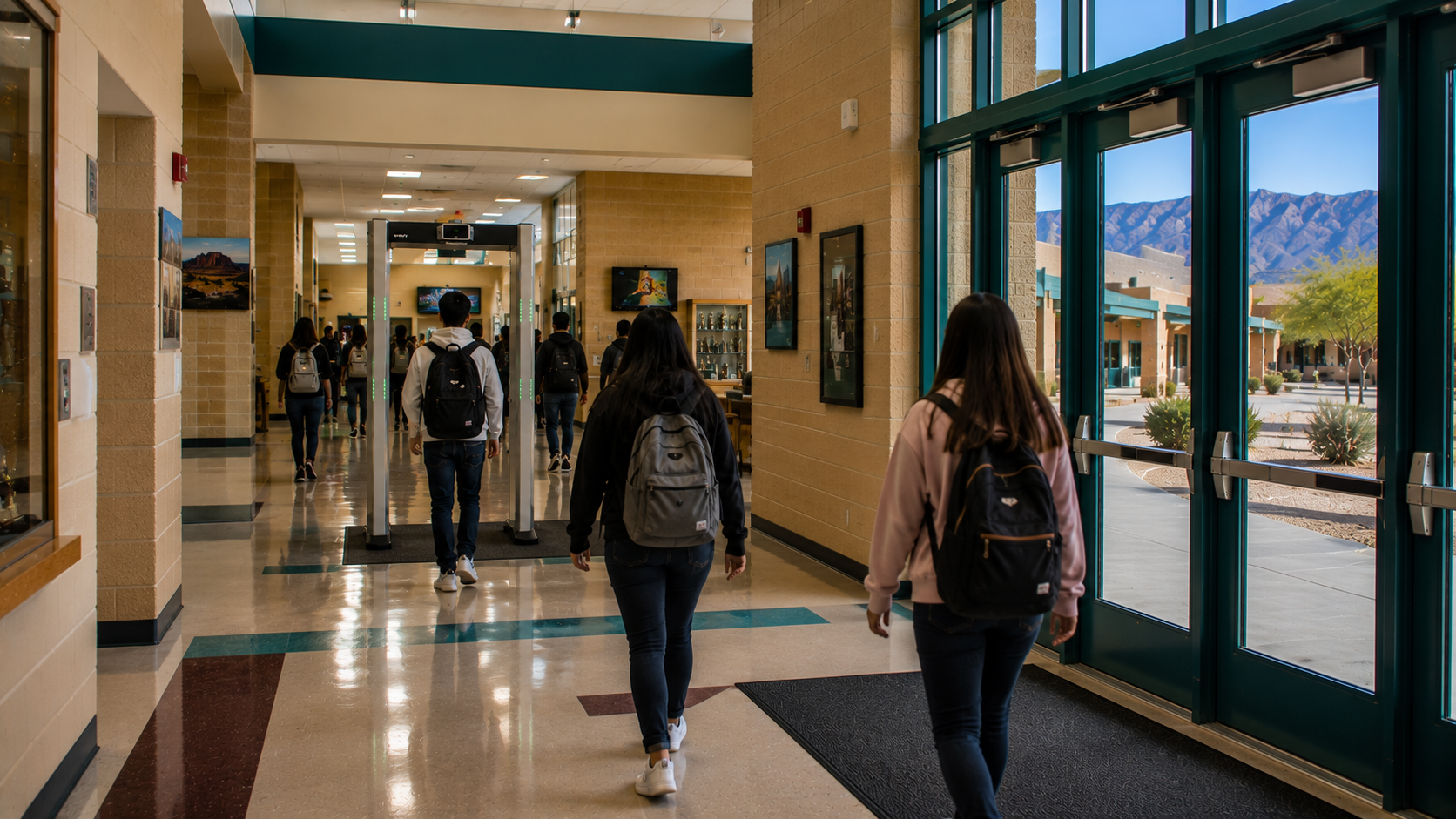 Students walking through a walk-through weapons detection scanner at a New Mexico public school entrance during morning arrival.