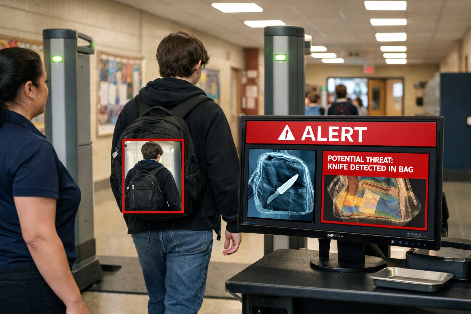 A student wearing a backpack walks through a weapons screening system in a school hallway while a nearby monitor displays a red alert highlighting the student and flagging a potential threat inside the bag.