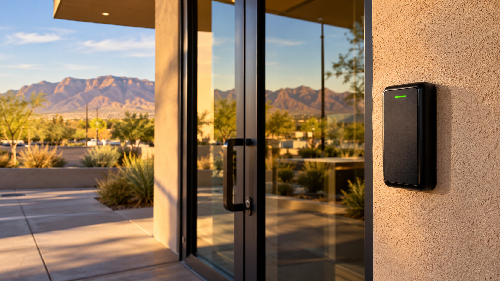 Access control card reader mounted beside a glass entry door at a commercial office building in Albuquerque, New Mexico.