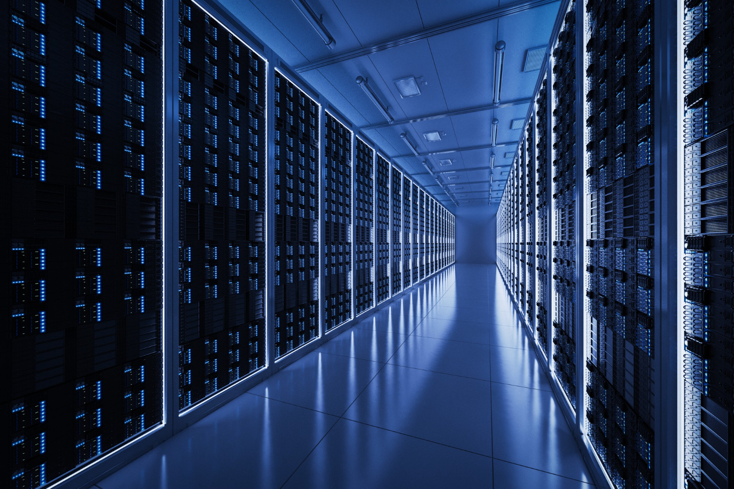 Cloud storage data center with rows of secure servers storing security camera footage for Albuquerque businesses