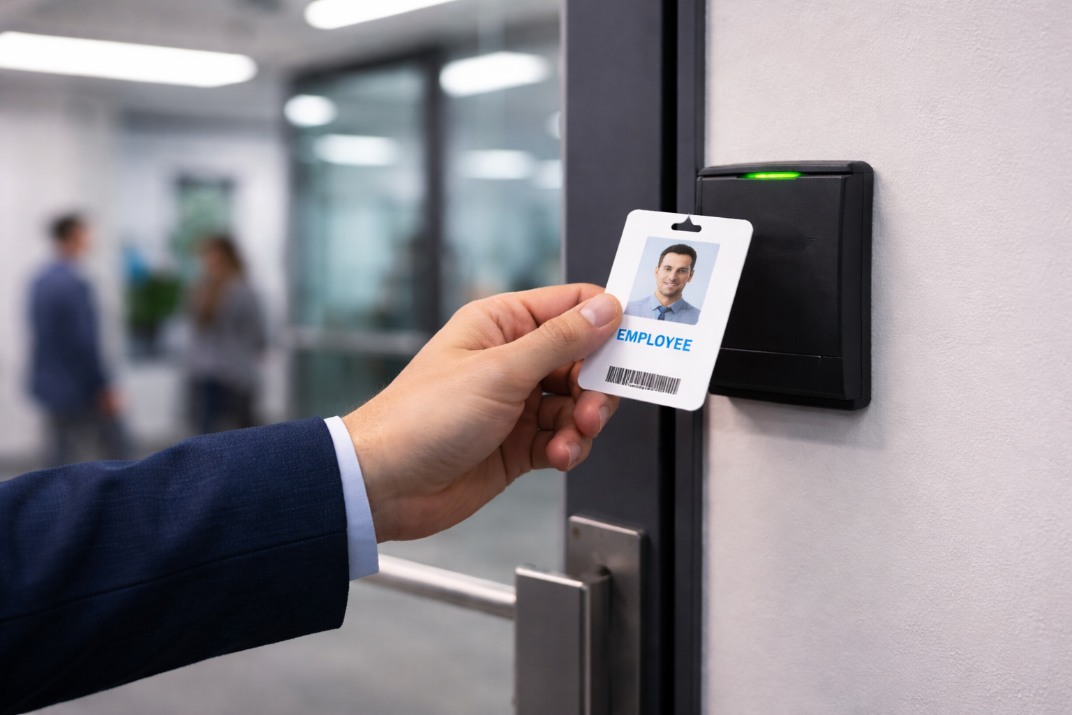 Employee scanning badge at secure office entry, illustrating insider security threats to business operations.