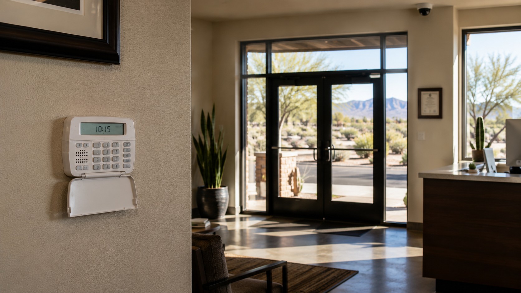 Interior of a New Mexico commercial office reception showing a wall-mounted alarm keypad, a dome security camera above the entry doors, and a desert landscape visible outside.