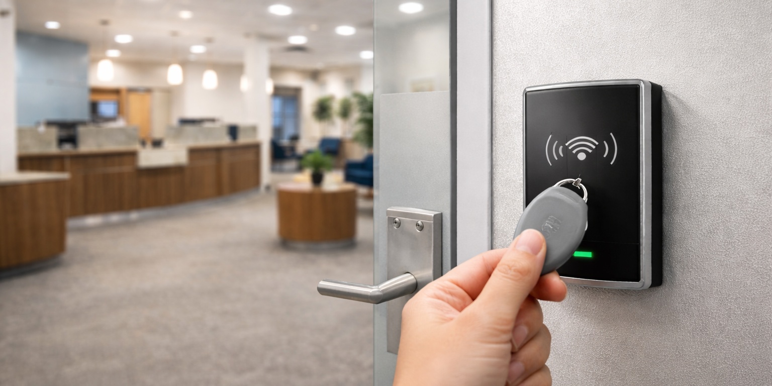 RFID key fob access control reader on frosted glass door inside bank or credit union lobby.