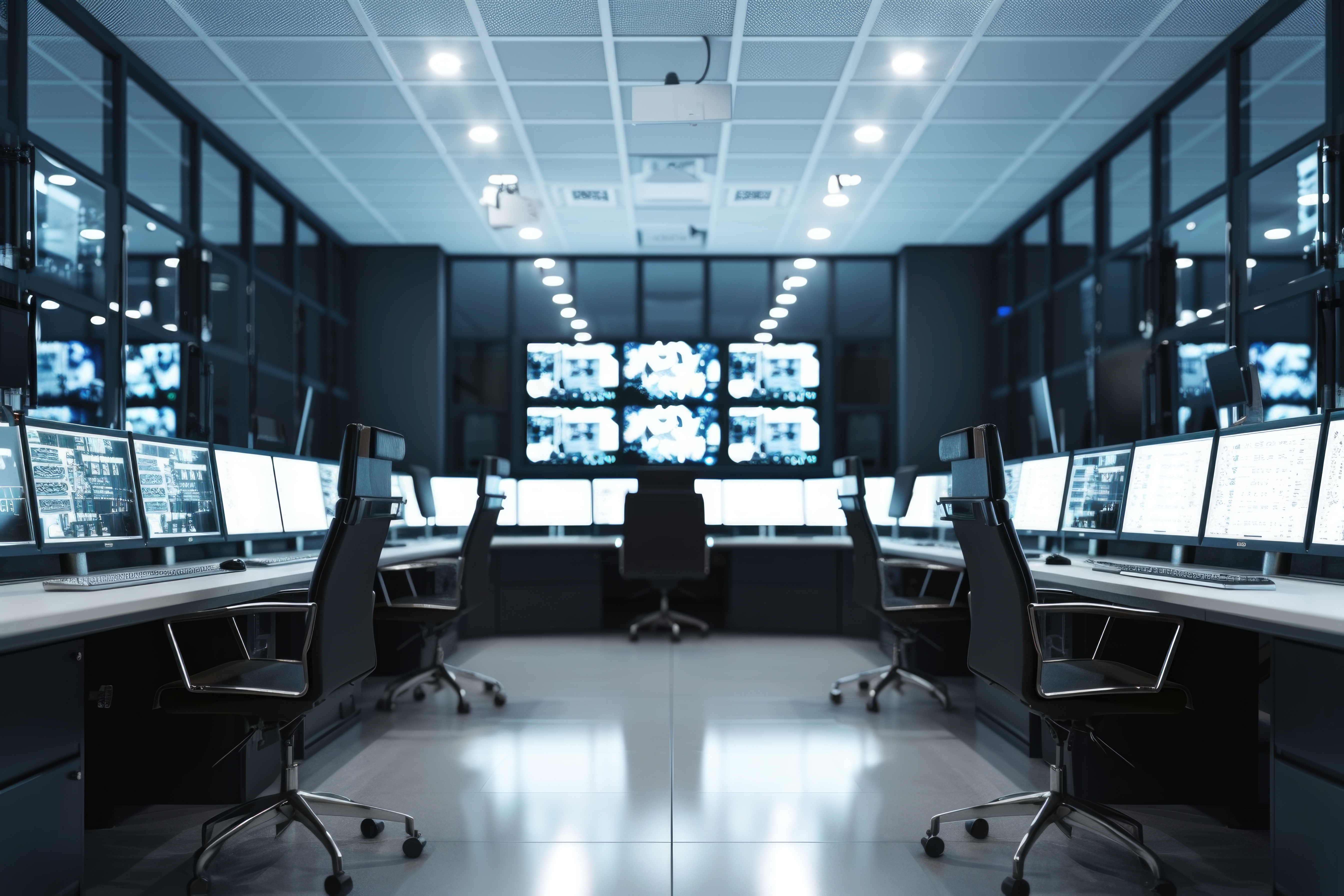 Monitoring center with multiple security screens showing 24/7 business protection, representing Wired as the best alarm monitoring in New Mexico.
