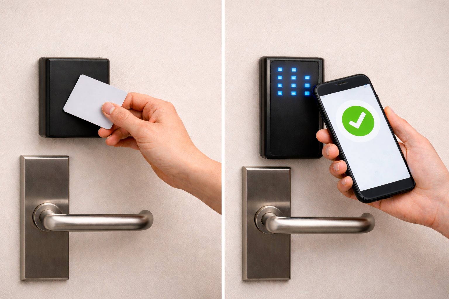 “Split-screen photo showing two access control methods: on the left, a hand holds a keycard up to a wall-mounted card reader above a silver door handle; on the right, a hand holds a smartphone with a green check mark next to a keypad-style reader above a matching door handle.