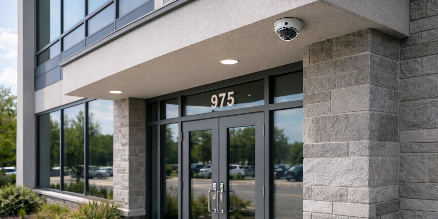 Security camera mounted on the corner of a commercial building above the main entrance doors.