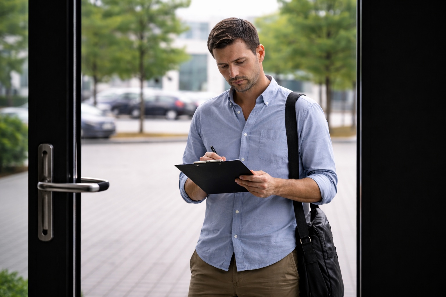 Person with clipboard standing outside a commercial glass door, viewed from inside, suggesting security concern or suspicious activity.