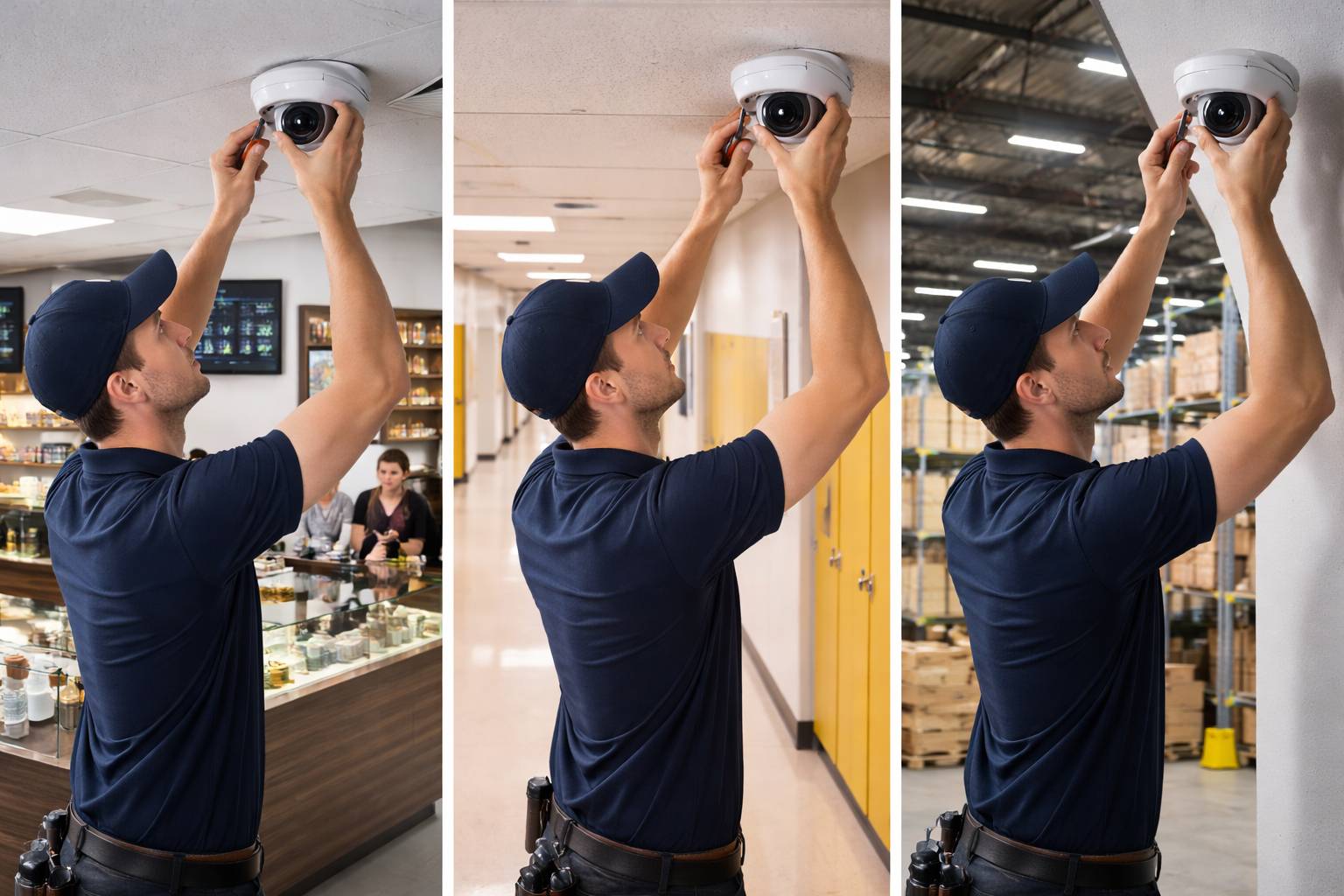 Commercial security camera installation across dispensary, school hallway, and warehouse by professional technician