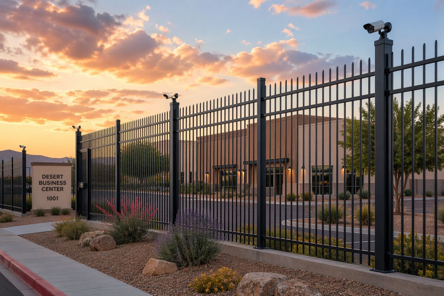 8-foot steel security fence with surveillance cameras at a New Mexico commercial property, demonstrating recommended security fence height for businesses