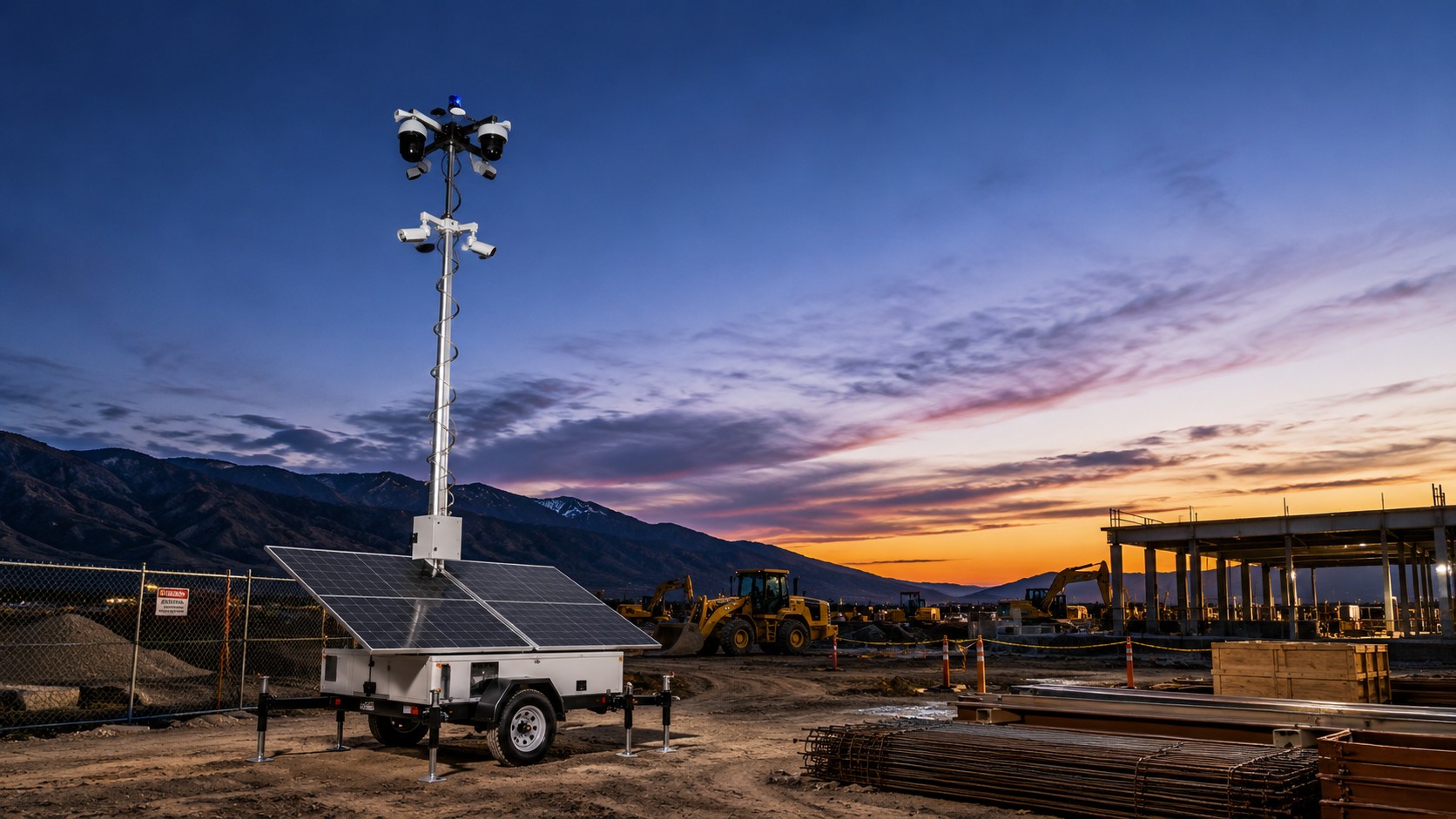 Mobile security surveillance trailer with extended camera mast and solar panels deployed at a New Mexico construction site at dusk.