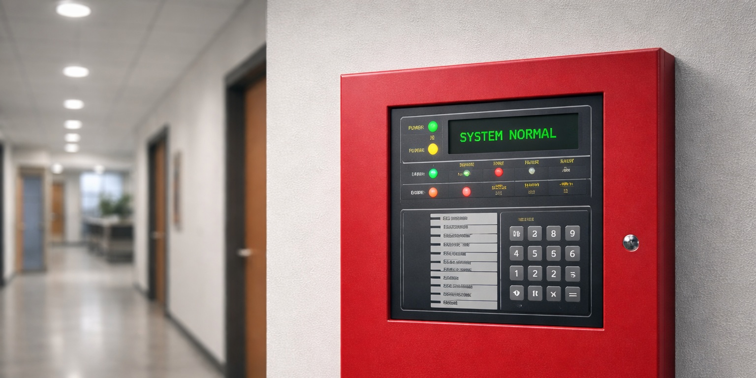 Commercial fire alarm system control panel mounted on hallway wall in a school or office building.
