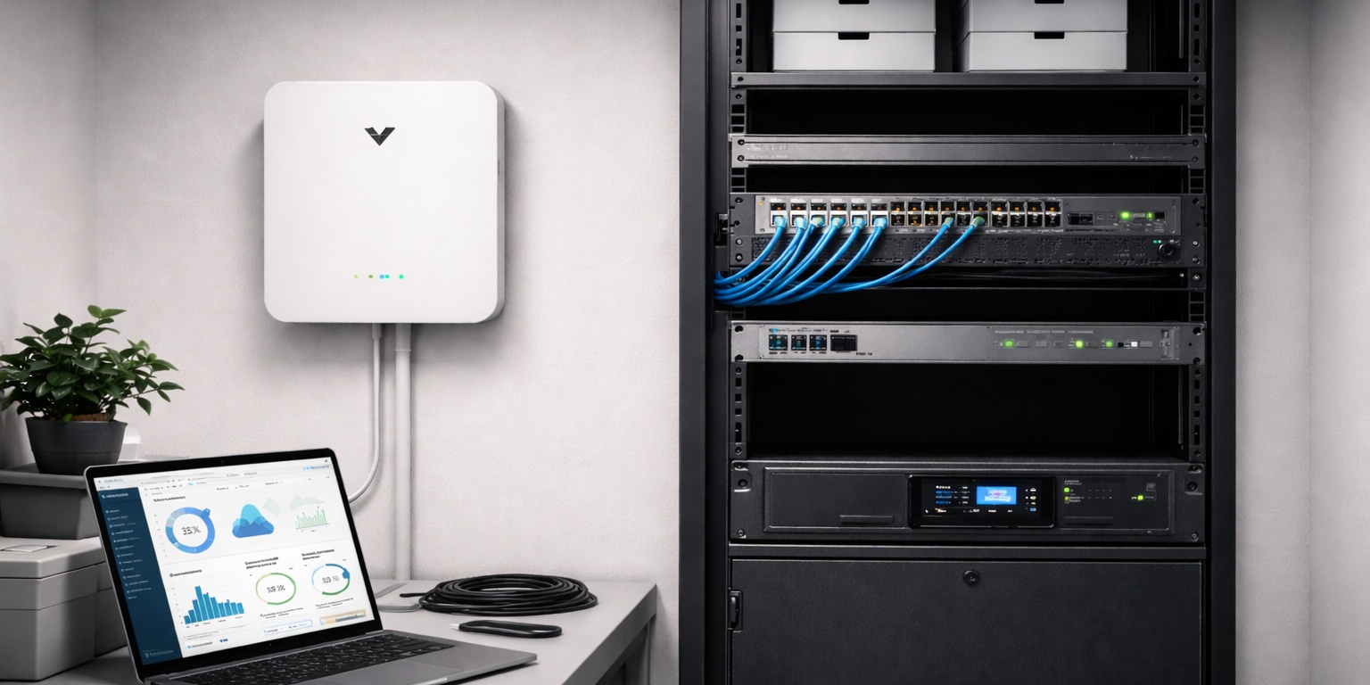 Modern IT server room with network rack, wall-mounted security appliance, and laptop displaying cloud monitoring dashboard.