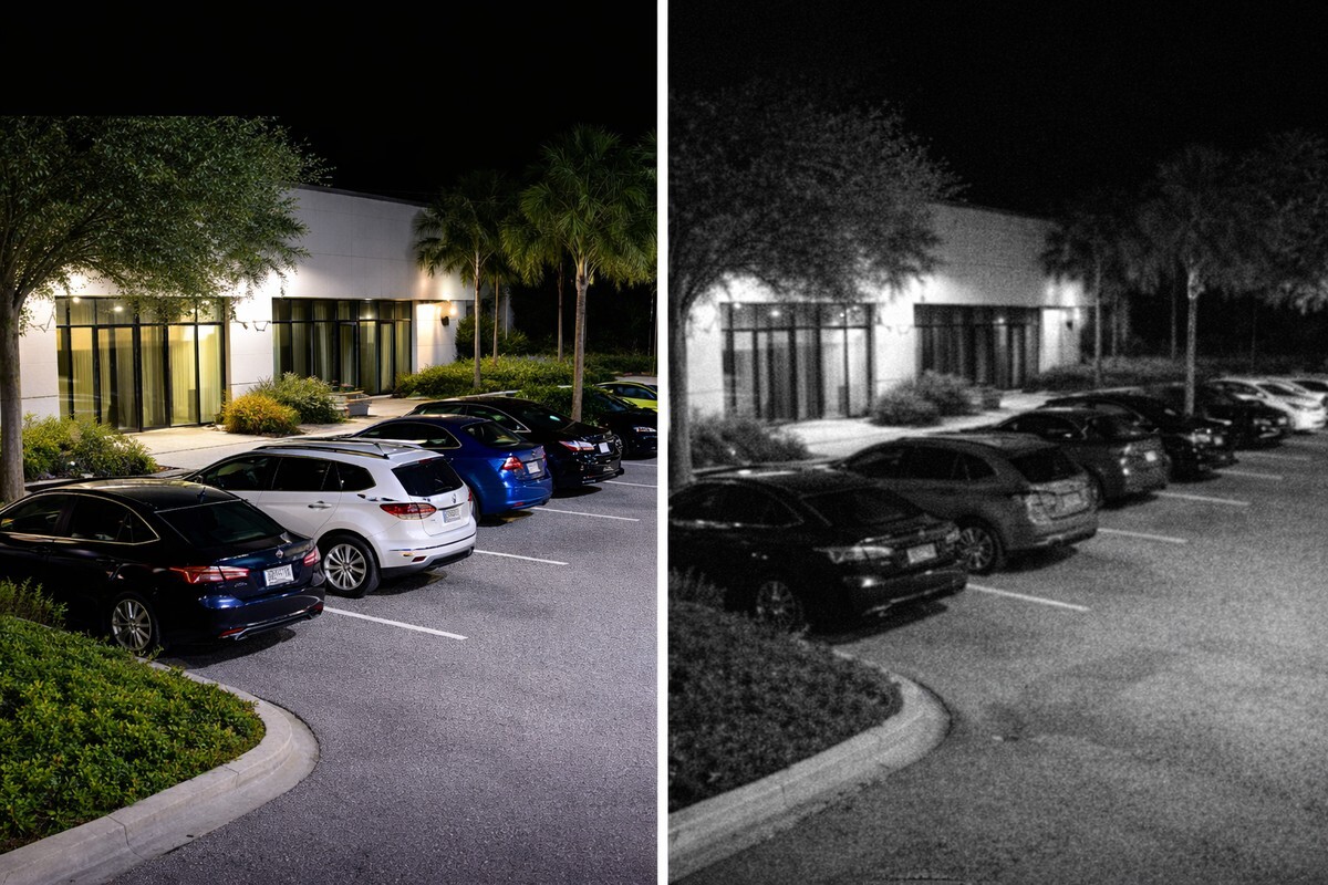 Security camera night vision comparison showing high-quality color night footage vs poor grainy black and white surveillance image