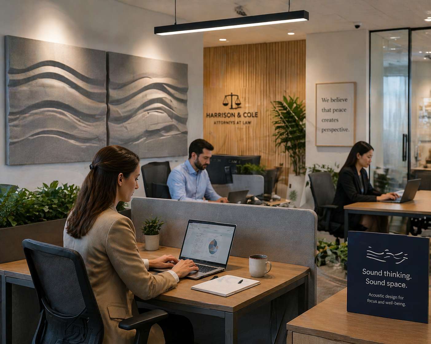 Quiet professional office environment with acoustic wall panels, employees working at desks, and soundproof design elements