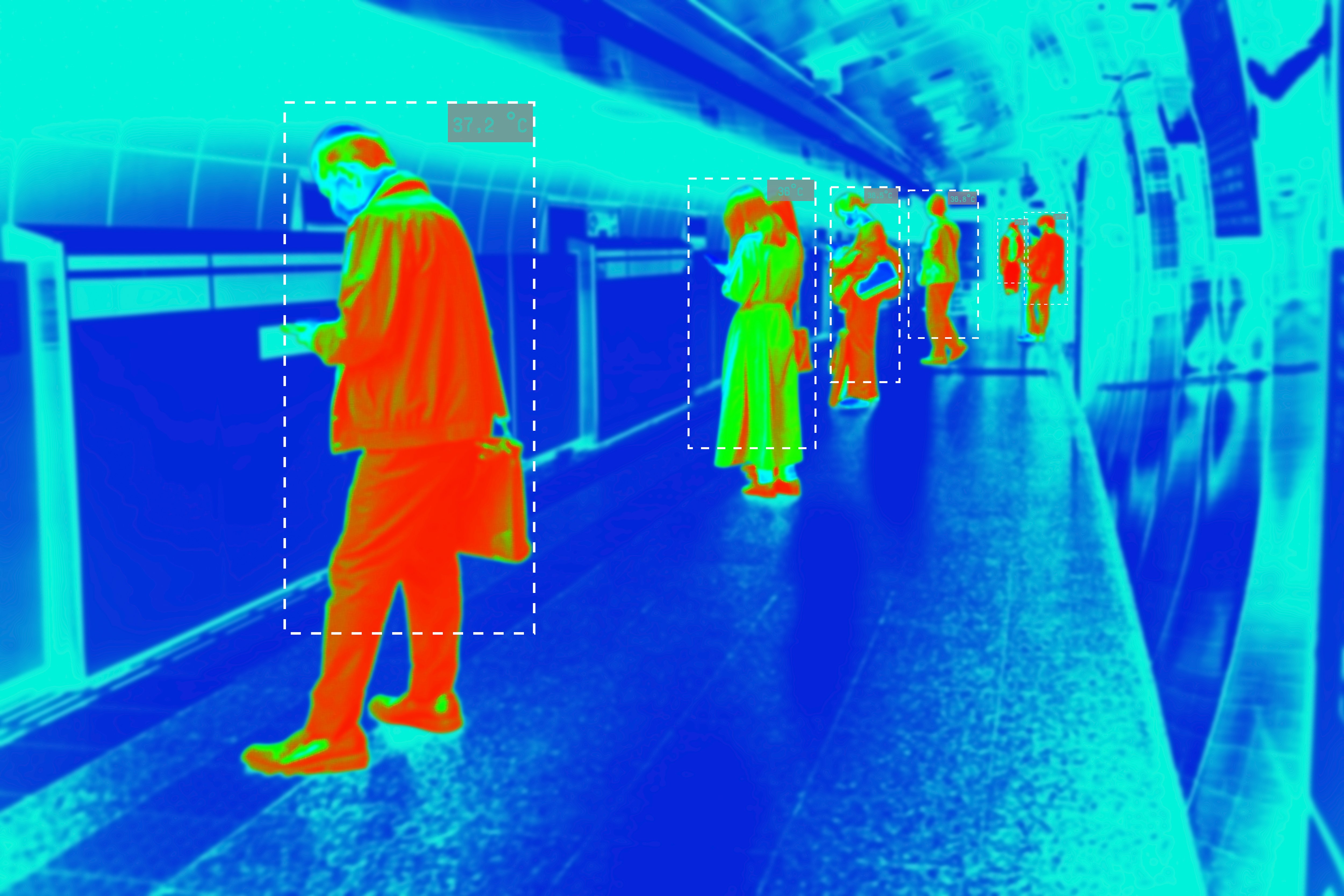 AI thermal imaging detection system tracking individuals in commercial facility