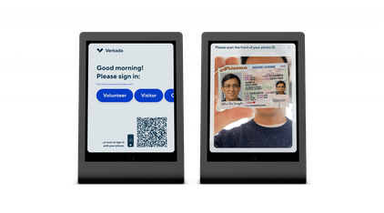Digital visitor management kiosks with ID scanning and sign-in interface