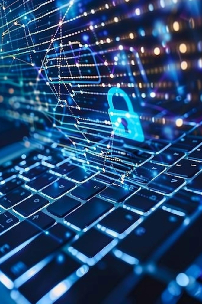 Cybersecurity network protection concept with digital lock over computer keyboard and data connections