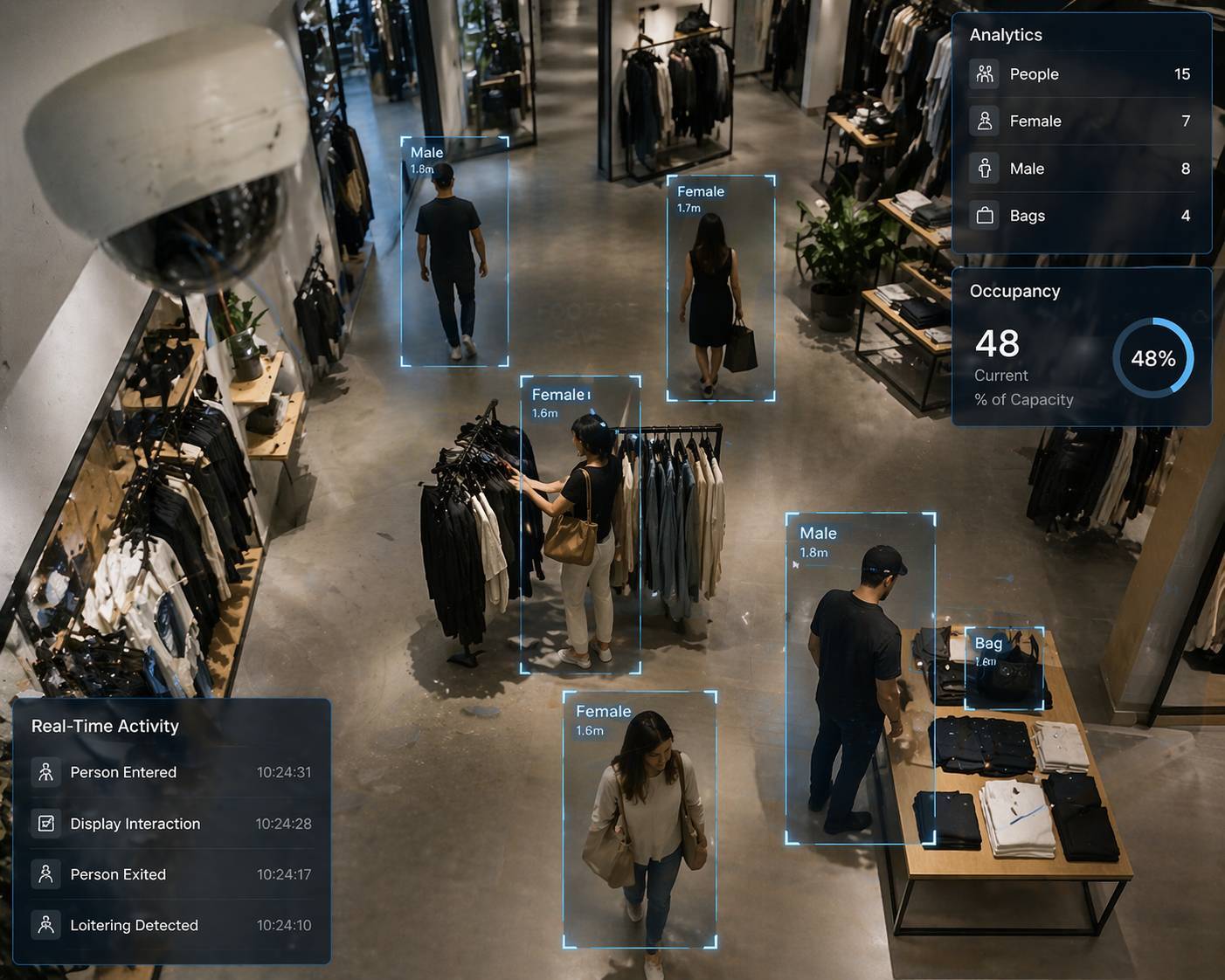 AI-powered retail surveillance system showing customer tracking, occupancy analytics, and smart security camera detection in store