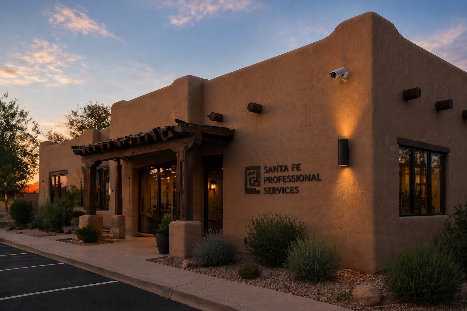 Southwestern Santa Fe-style commercial building with warm adobe architecture and professionally installed security camera