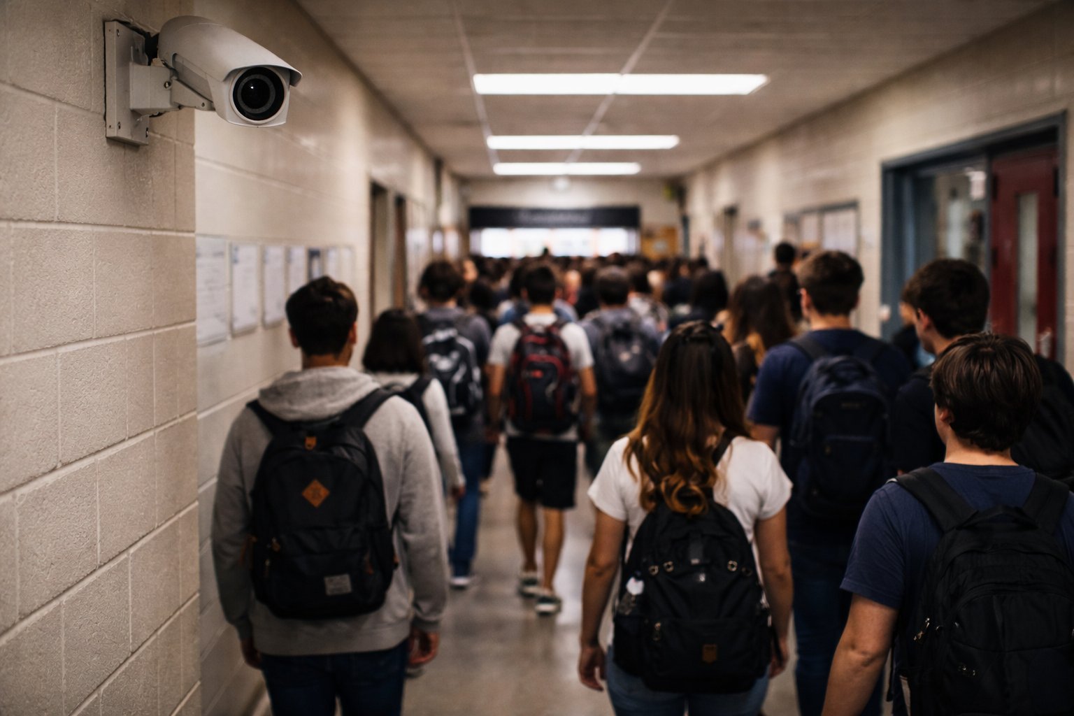 Students walking through a busy high school hallway with a wall-mounted security camera, illustrating school safety and campus security measures