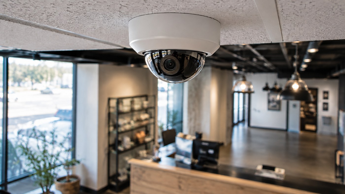 A dome security camera mounted above the front counter of a New Mexico business where audio recording rules apply.