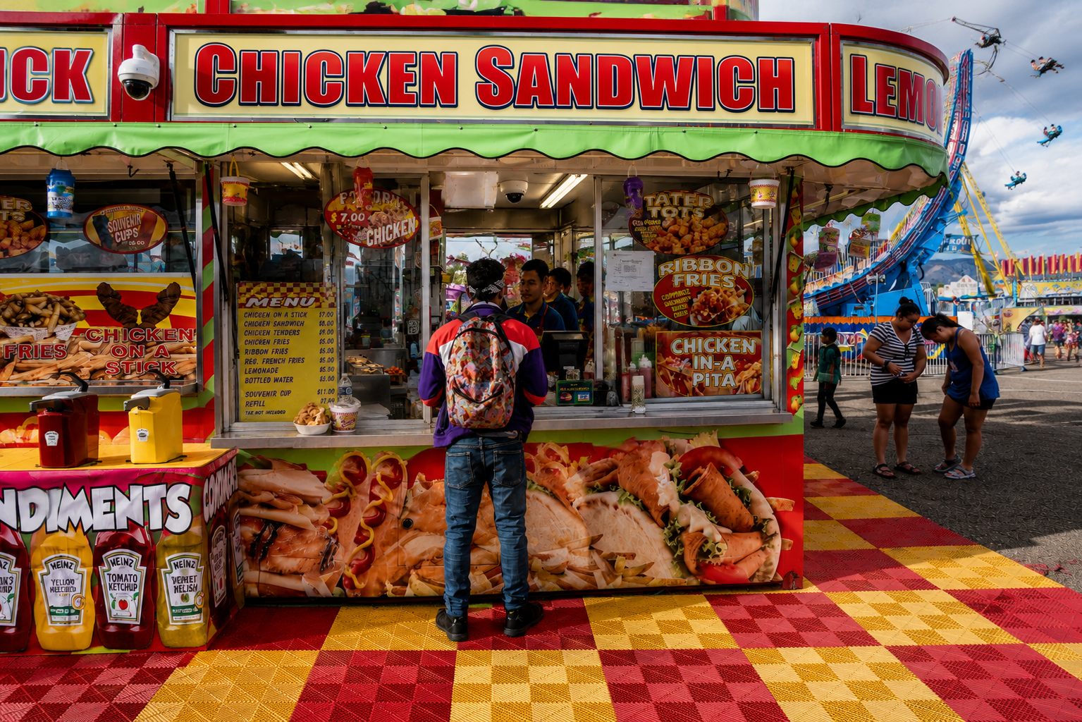 A dome security camera mounted above the cash register and cash jar at a food vendor booth at the New Mexico State Fair.