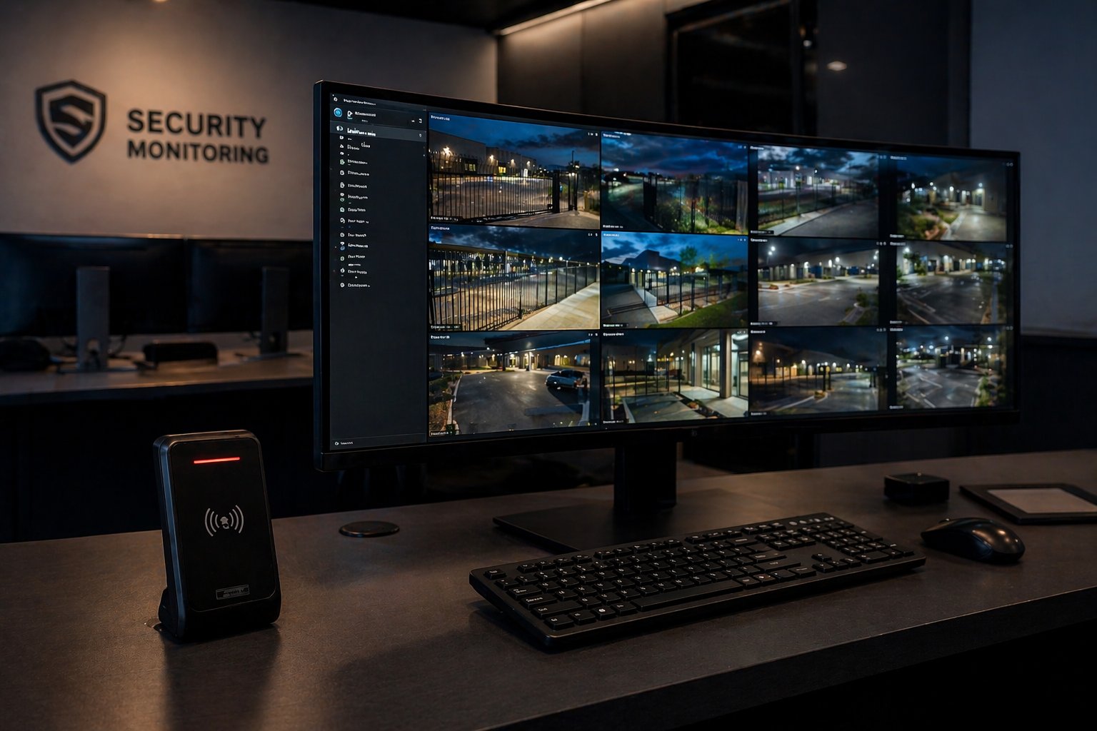 Security monitoring system displaying multiple camera views of fence lines and gated entry points for business perimeter security