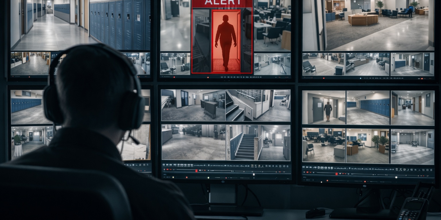 Security operations center monitoring live surveillance camera feeds with alert highlighting a person in a school or office building.