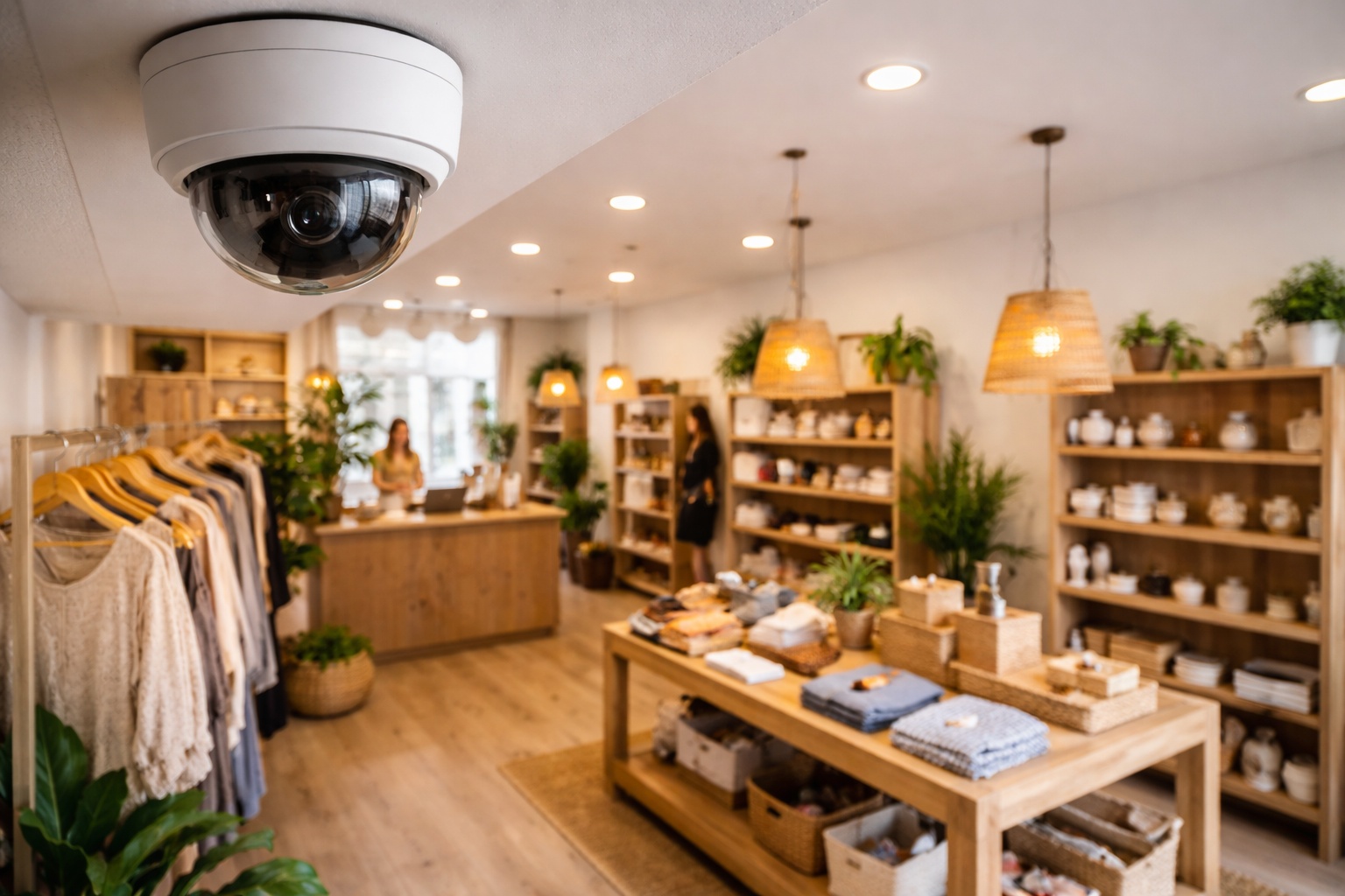 Small retail shop interior with ceiling-mounted dome security camera overlooking merchandise and checkout area.