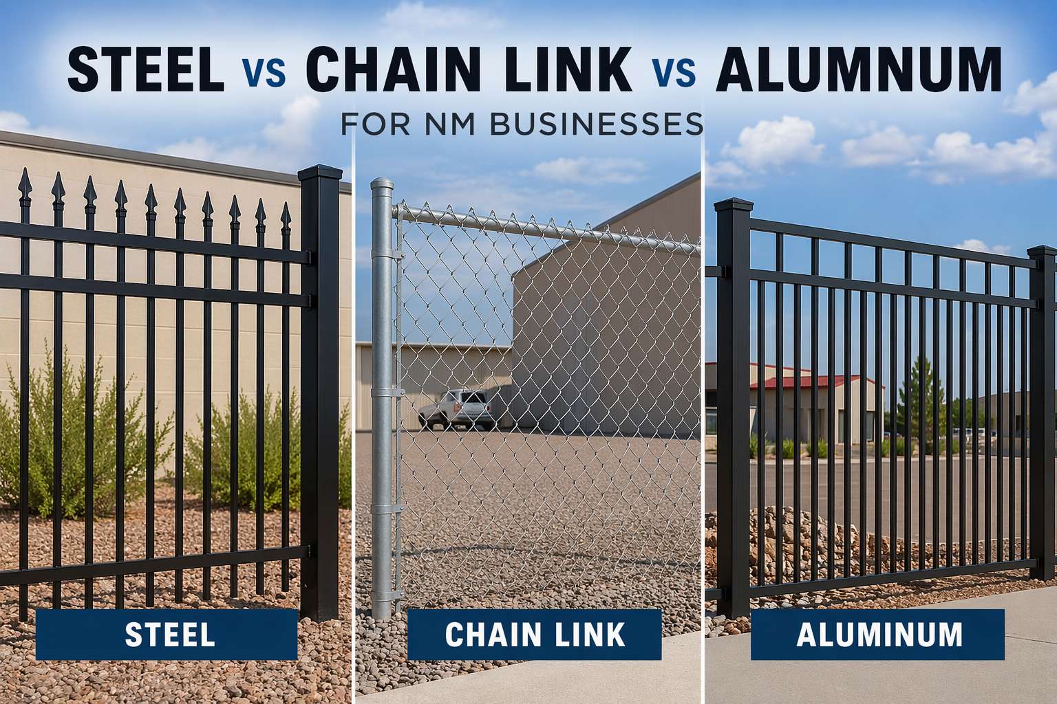 Steel vs chain link vs aluminum fencing comparison for New Mexico businesses, showing commercial fence types side by side