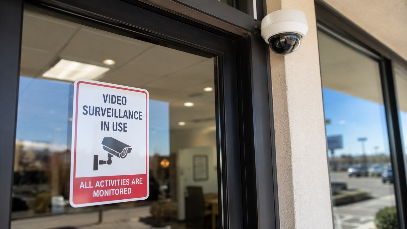 A video surveillance in use sign posted on a New Mexico business door with a dome security camera mounted beside the entrance.