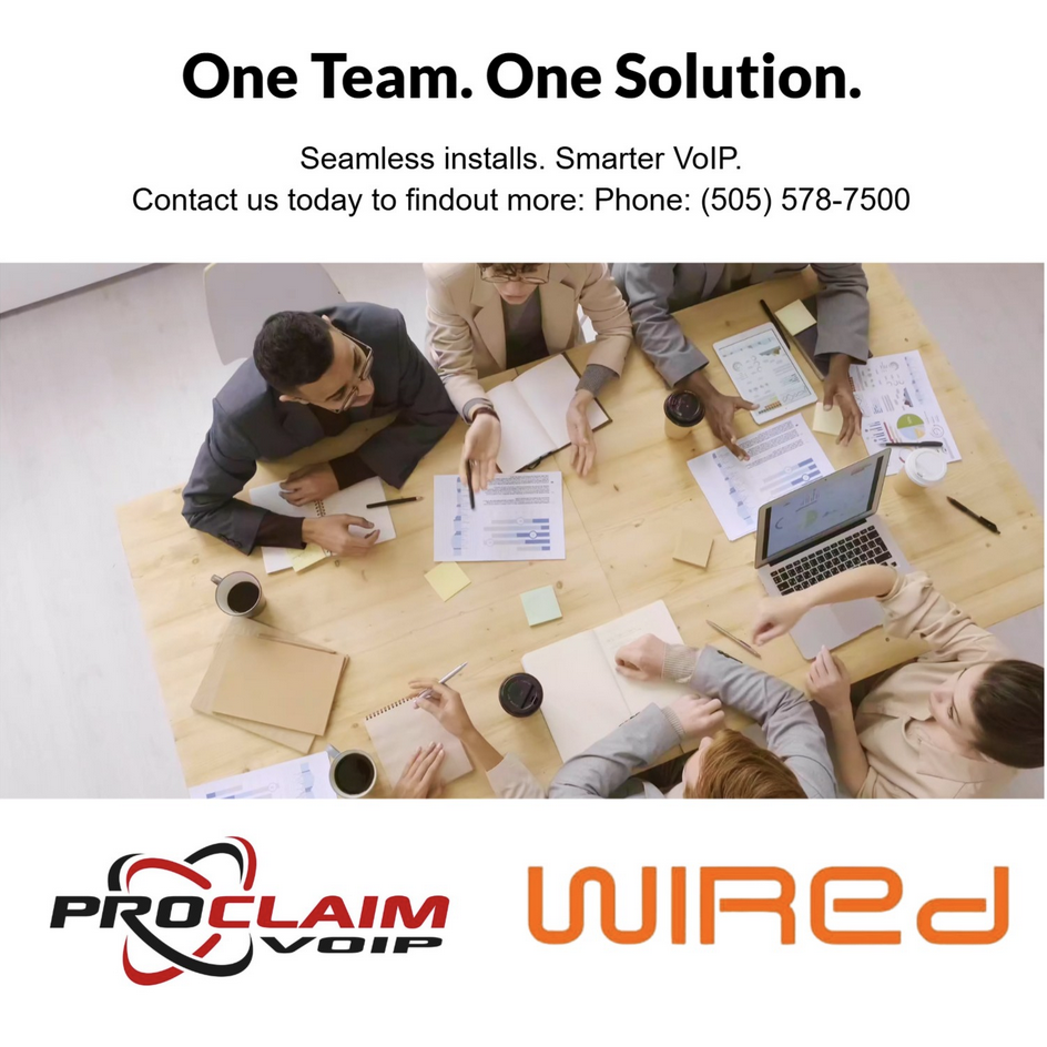 Proclaim VoIP and Wired partnership graphic with business team at a table, highlighting one team and one solution for Albuquerque phone system installs.