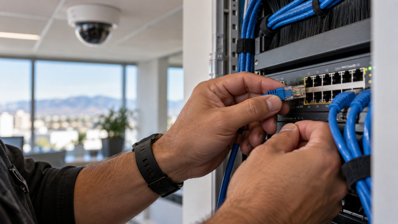 Technician terminating Cat6 PoE cable near a mounted IP security camera in an Albuquerque office