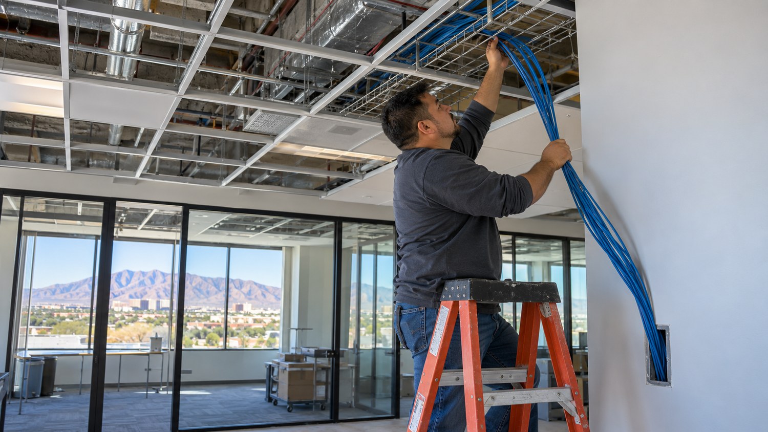 Technician pulling Cat6a network cable through an office ceiling during an Albuquerque buildout